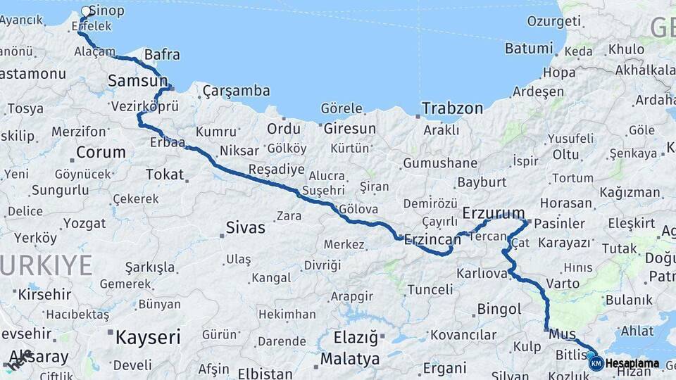 Bitlis Sinop Arası Kaç Km - Yol Haritası