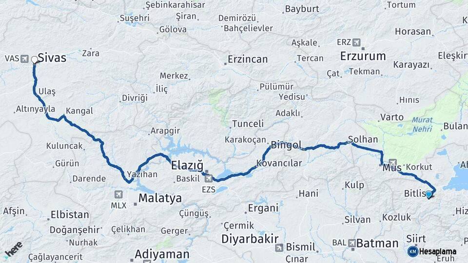 Bitlis Sivas Arası Kaç Km - Yol Haritası