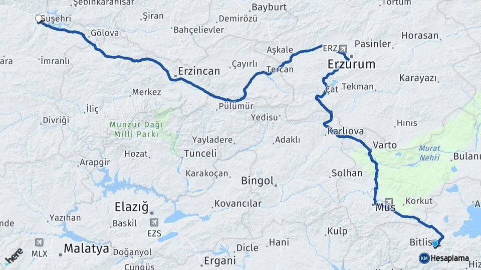 Bitlis Suşehri Sivas Arası Kaç Km - Yol Haritası