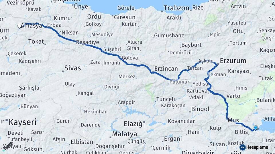 Bitlis Tatvan Amasya Arası Kaç Km - Yol Haritası