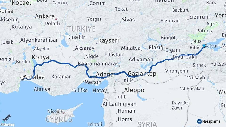 Bitlis Tatvan Antalya Arası Kaç Km - Yol Haritası