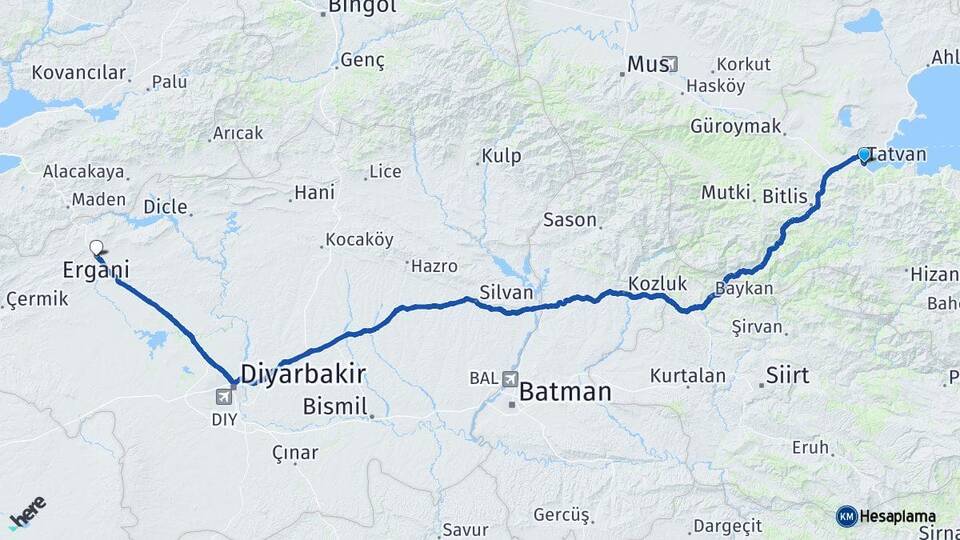 Bitlis Tatvan Ergani Diyarbakır Arası Kaç Km - Yol Haritası