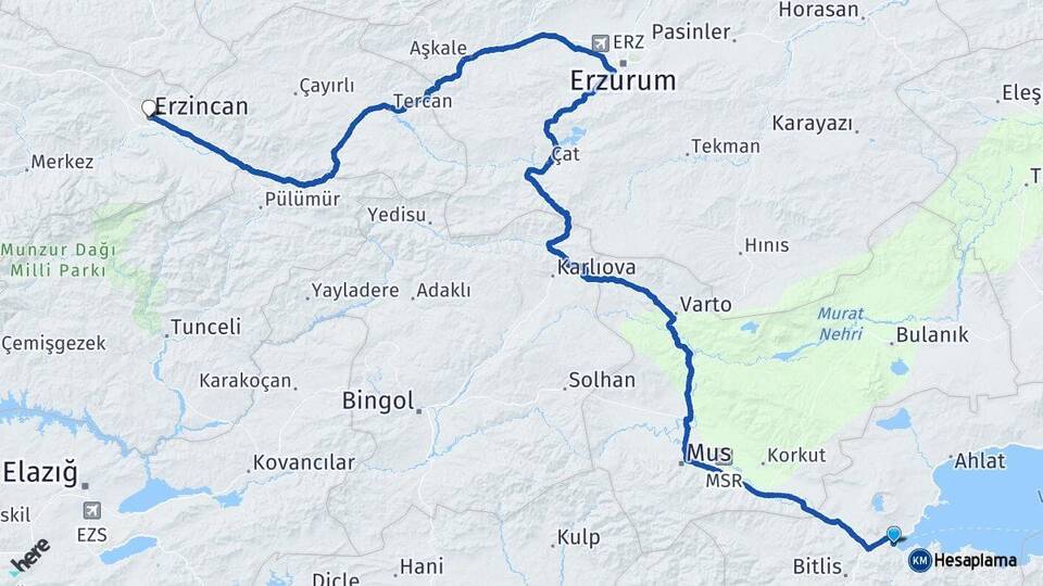Bitlis Tatvan Erzincan Arası Kaç Km - Yol Haritası
