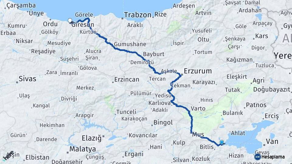 Bitlis Tatvan Giresun Arası Kaç Km - Yol Haritası