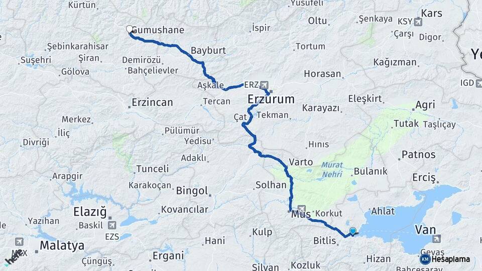 Bitlis Tatvan Gümüşhane Arası Kaç Km - Yol Haritası