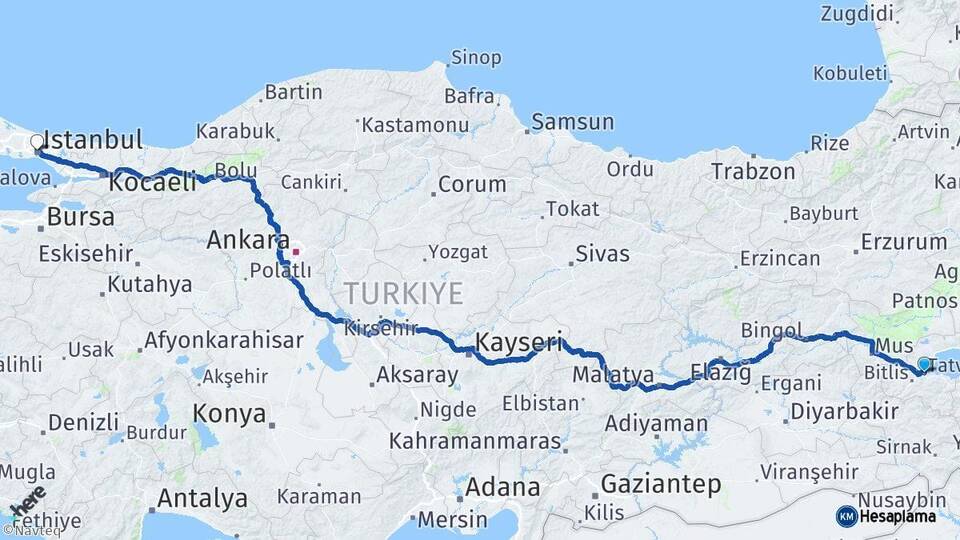 Bitlis Tatvan İstanbul Arası Kaç Km - Yol Haritası