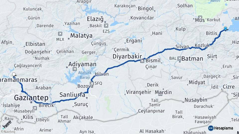 Bitlis Tatvan Kahramanmaraş Arası Kaç Km - Yol Haritası