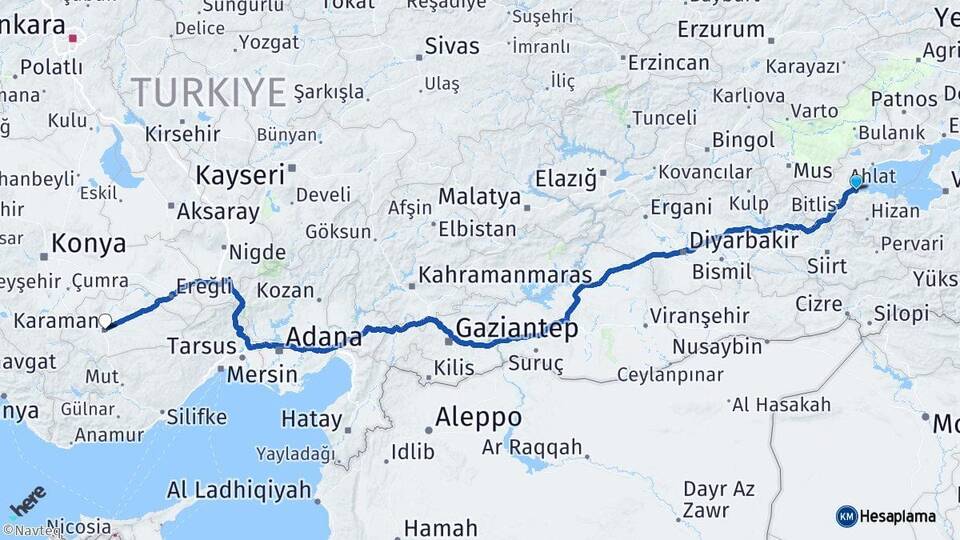 Bitlis Tatvan Karaman Arası Kaç Km - Yol Haritası