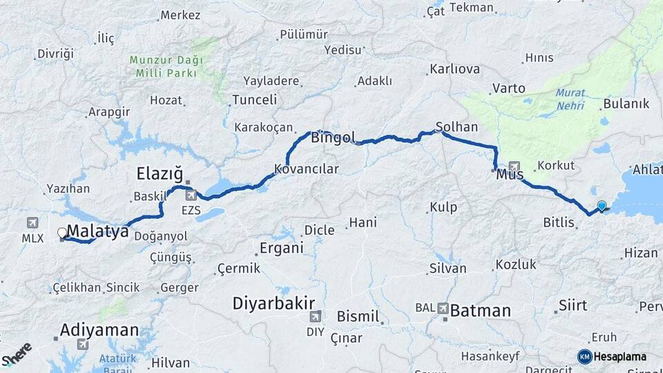Bitlis Tatvan Malatya Arası Kaç Km - Yol Haritası