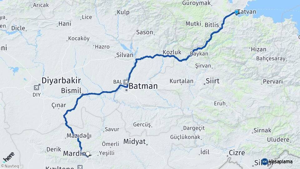 Bitlis Tatvan Mardin Arası Kaç Km - Yol Haritası