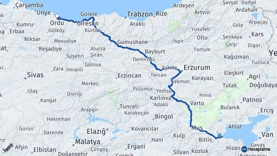 Bitlis Tatvan Ordu Arası Kaç Km - Yol Haritası