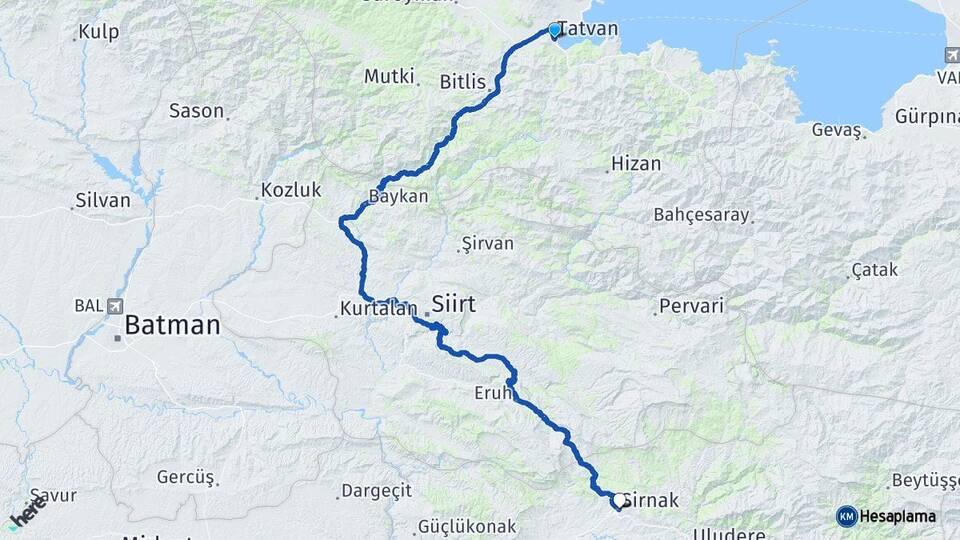 Bitlis Tatvan Şırnak Arası Kaç Km - Yol Haritası