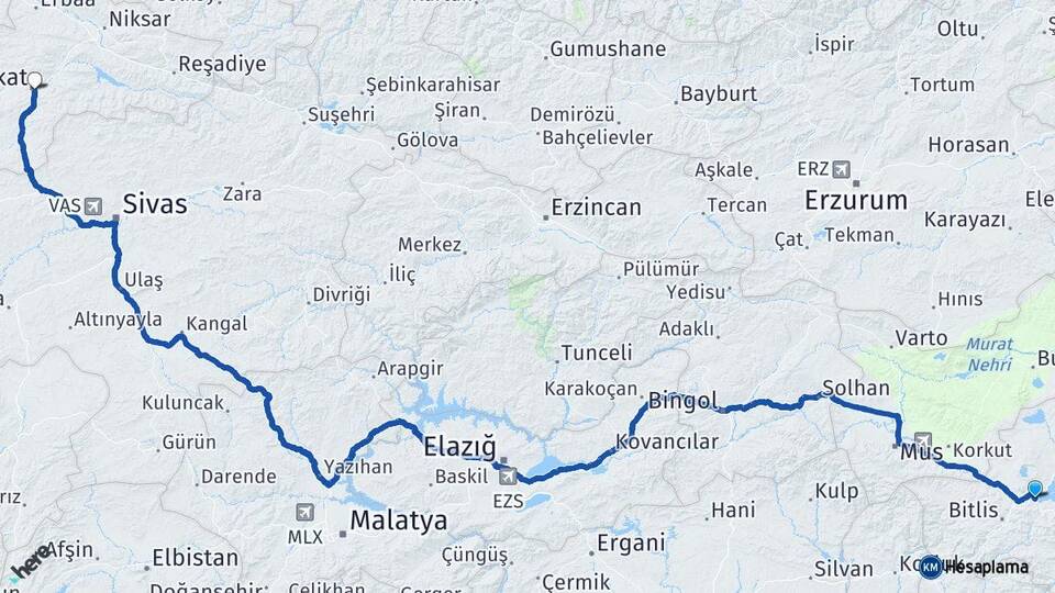 Bitlis Tatvan Tokat Arası Kaç Km - Yol Haritası
