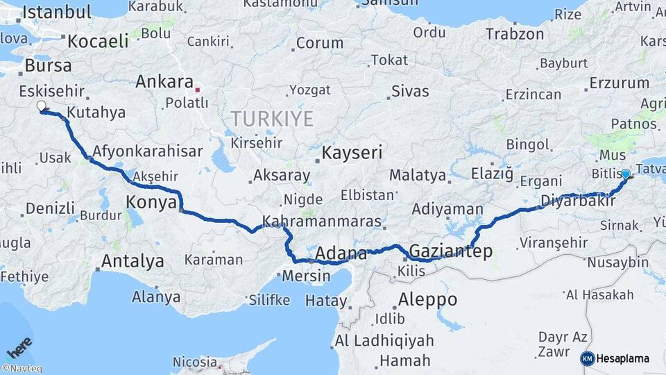 Bitlis Tavşanlı Kütahya Arası Kaç Km - Yol Haritası