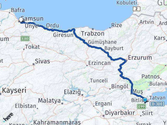 Bitlis Tekkeköy Samsun Arası Kaç Km - Yol Haritası