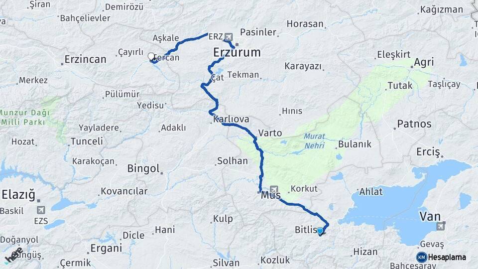 Bitlis Tercan Erzincan Arası Kaç Km - Yol Haritası