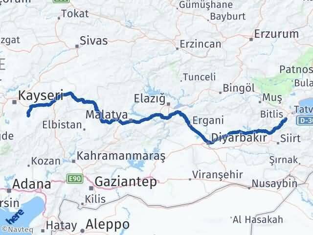 Bitlis Tomarza Kayseri Arası Kaç Km - Yol Haritası