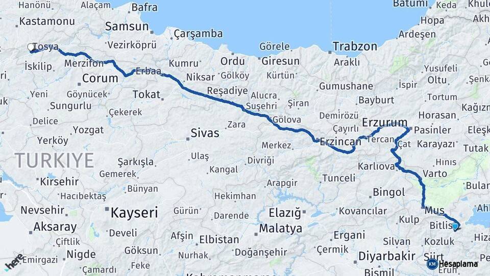Bitlis Tosya Kastamonu Arası Kaç Km - Yol Haritası