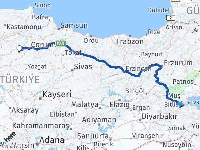 Bitlis Uğurludağ Çorum Arası Kaç Km - Yol Haritası