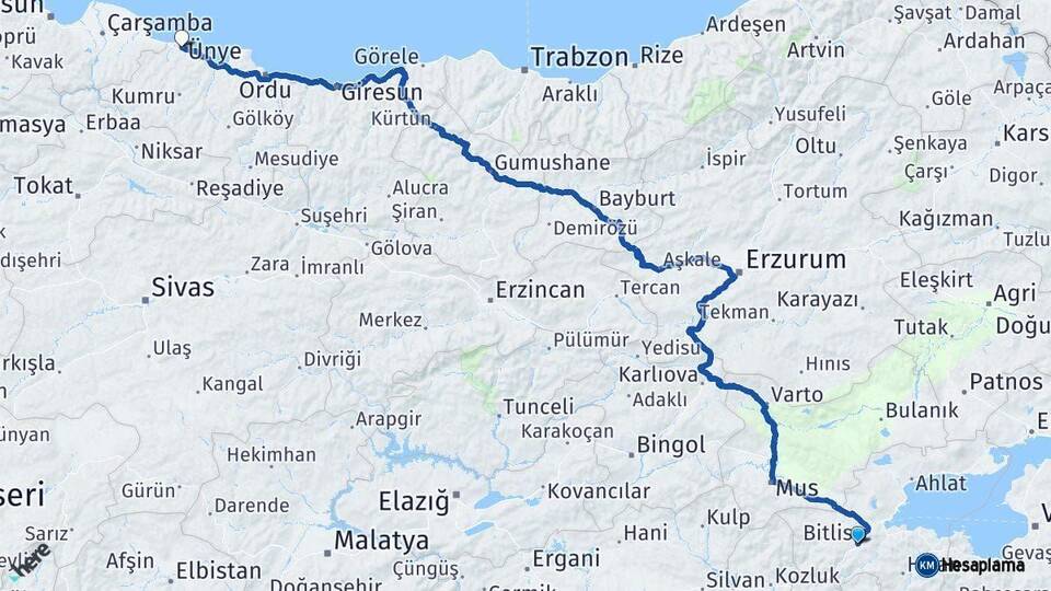 Bitlis Ünye Ordu Arası Kaç Km - Yol Haritası
