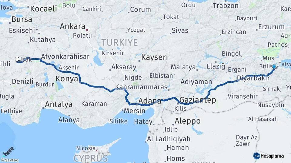 Bitlis Uşak Arası Kaç Km - Yol Haritası