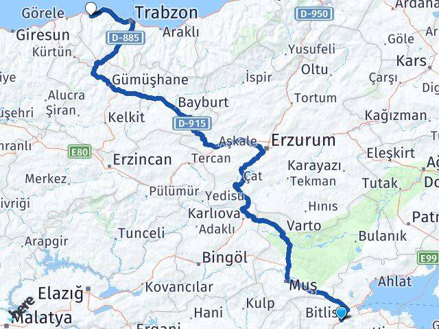 Bitlis Vakfıkebir Trabzon Arası Kaç Km - Yol Haritası