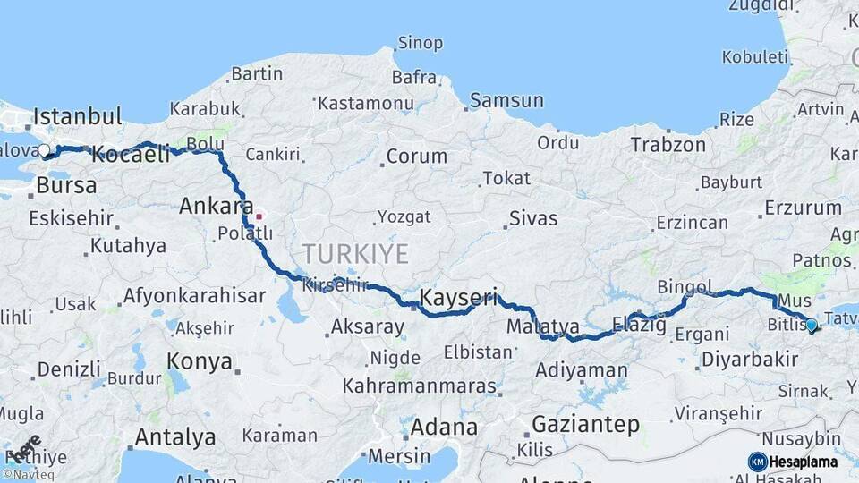 Bitlis Yalova Arası Kaç Km - Yol Haritası