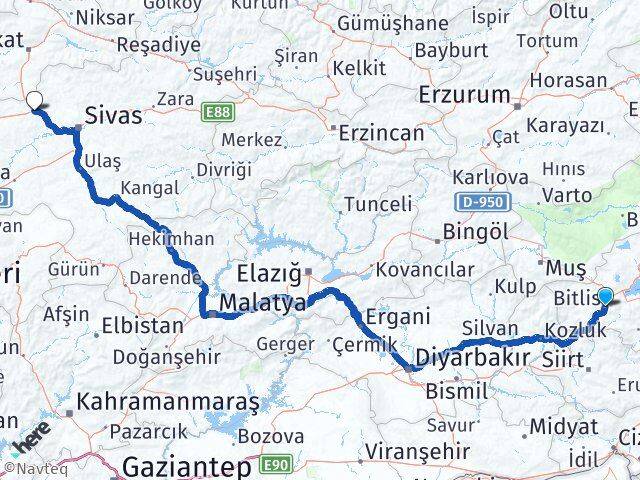 Bitlis Yıldızeli Sivas Arası Kaç Km - Yol Haritası