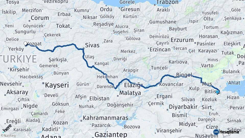 Bitlis Yozgat Arası Kaç Km - Yol Haritası