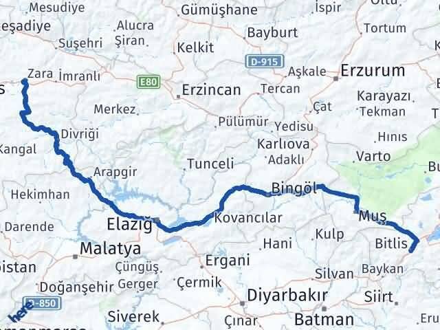 Bitlis Zara Sivas Arası Kaç Km - Yol Haritası