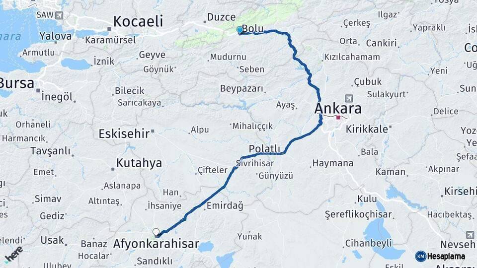Bolu Afyonkarahisar Arası Kaç Km - Yol Haritası