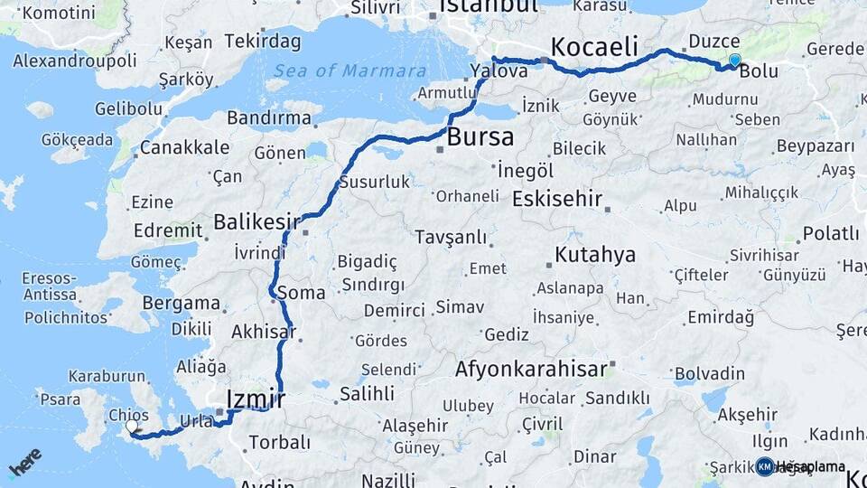 Bolu Alaçatı Çeşme İzmir Arası Kaç Km - Yol Haritası
