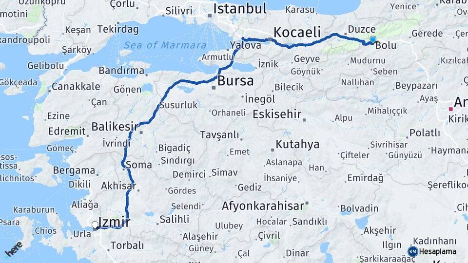 Bolu Alsancak Konak İzmir Arası Kaç Km - Yol Haritası