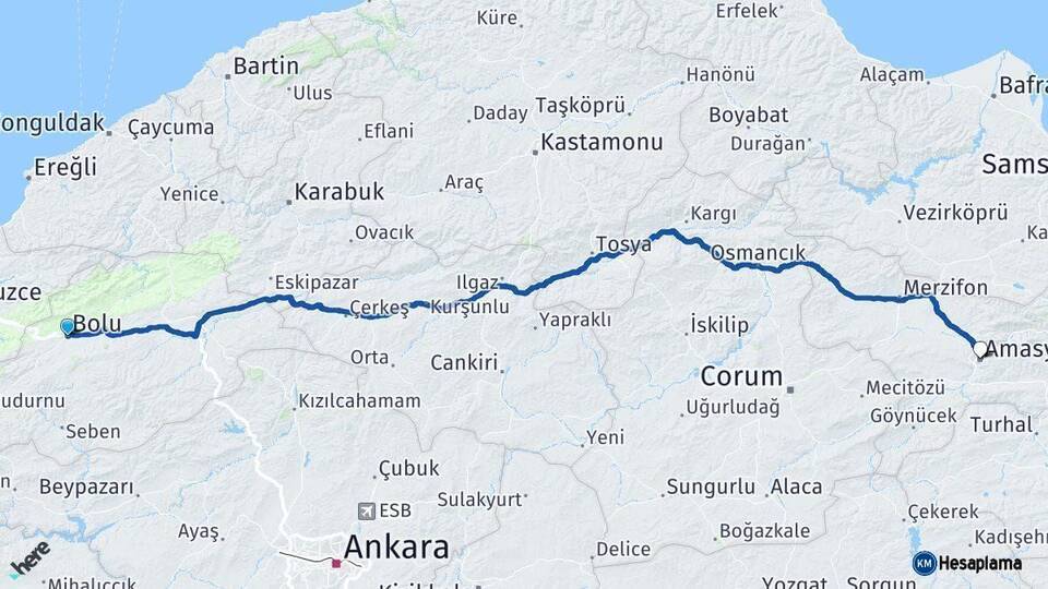 Bolu Amasya Arası Kaç Km - Yol Haritası