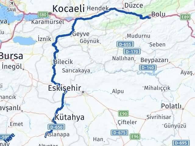 Bolu Aslanapa Kütahya Arası Kaç Km - Yol Haritası