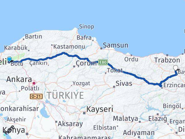Bolu Aydıntepe Bayburt Arası Kaç Km - Yol Haritası