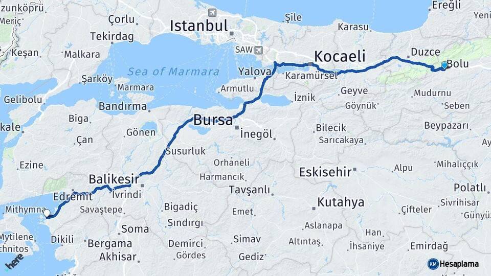Bolu Ayvalık Balıkesir Arası Kaç Km - Yol Haritası