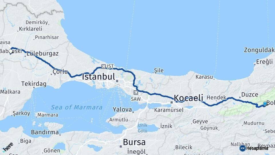 Bolu Babaeski Kırklareli Arası Kaç Km - Yol Haritası