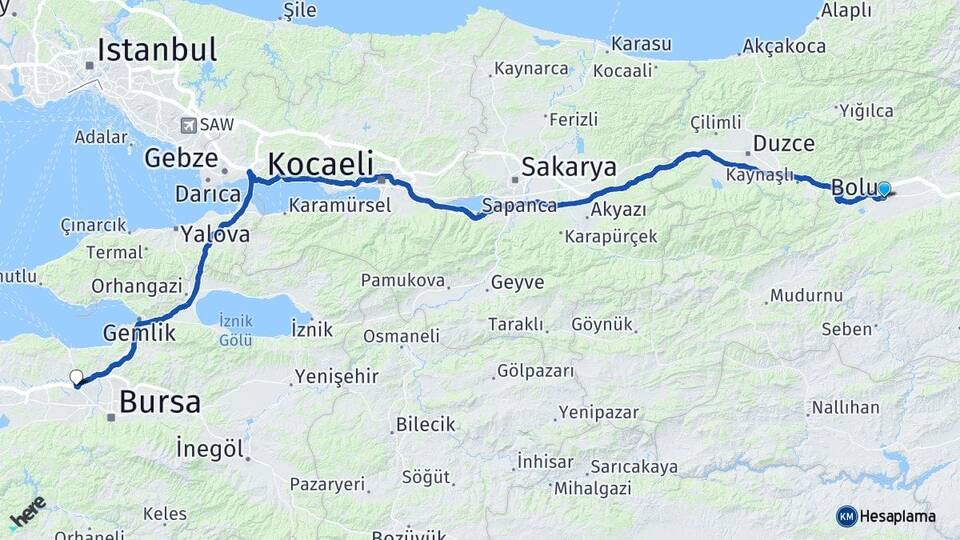 Bolu Balat Nilüfer Bursa Arası Kaç Km - Yol Haritası