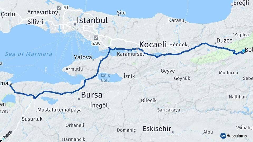 Bolu Bandırma Balıkesir Arası Kaç Km - Yol Haritası