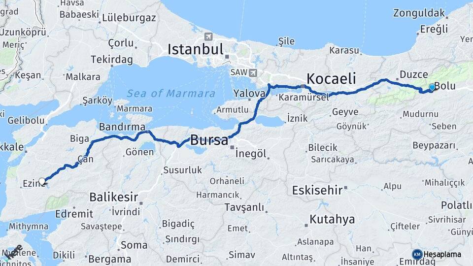 Bolu Bayramiç Çanakkale Arası Kaç Km - Yol Haritası
