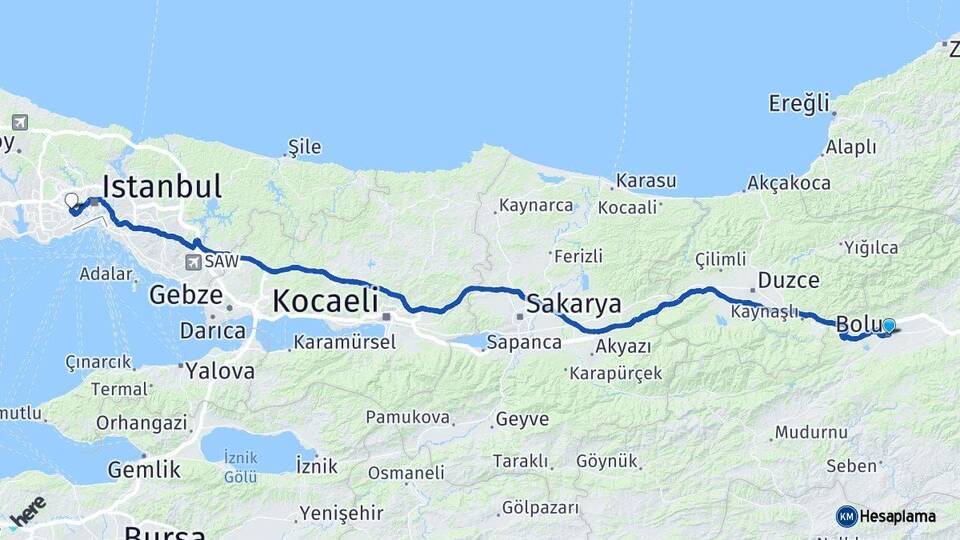 Bolu Bayrampaşa İstanbul Arası Kaç Km - Yol Haritası