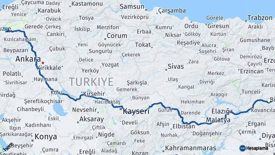 Bolu Bingöl Arası Kaç Km - Yol Haritası