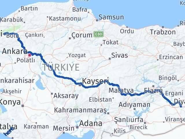 Bolu Bismil Diyarbakır Arası Kaç Km - Yol Haritası