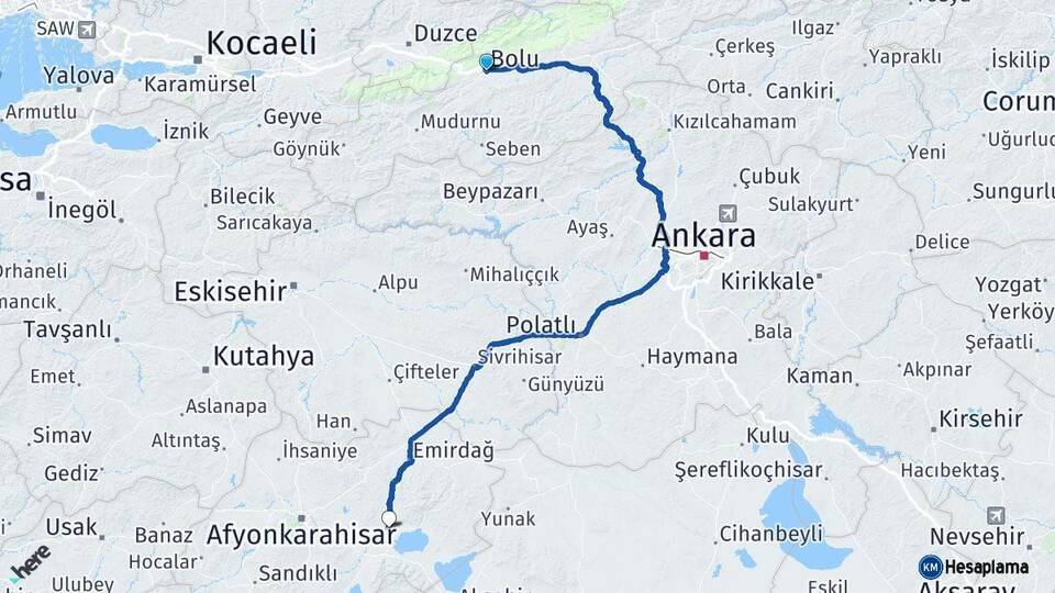 Bolu Bolvadin Afyonkarahisar Arası Kaç Km - Yol Haritası