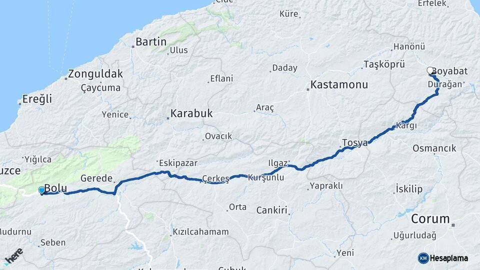 Bolu Boyabat Sinop Arası Kaç Km - Yol Haritası