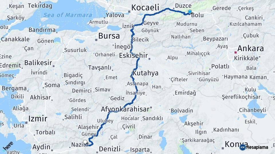Bolu Buharkent Aydın Arası Kaç Km - Yol Haritası