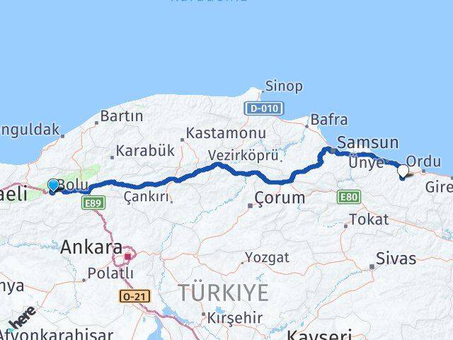 Bolu Çamaş Ordu Arası Kaç Km - Yol Haritası