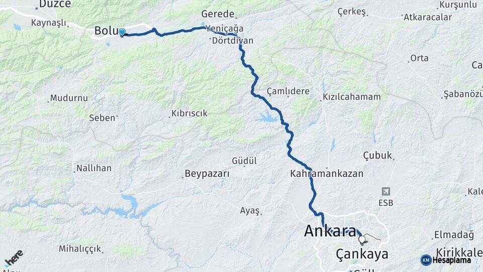Bolu Çankaya Ankara Arası Kaç Km - Yol Haritası