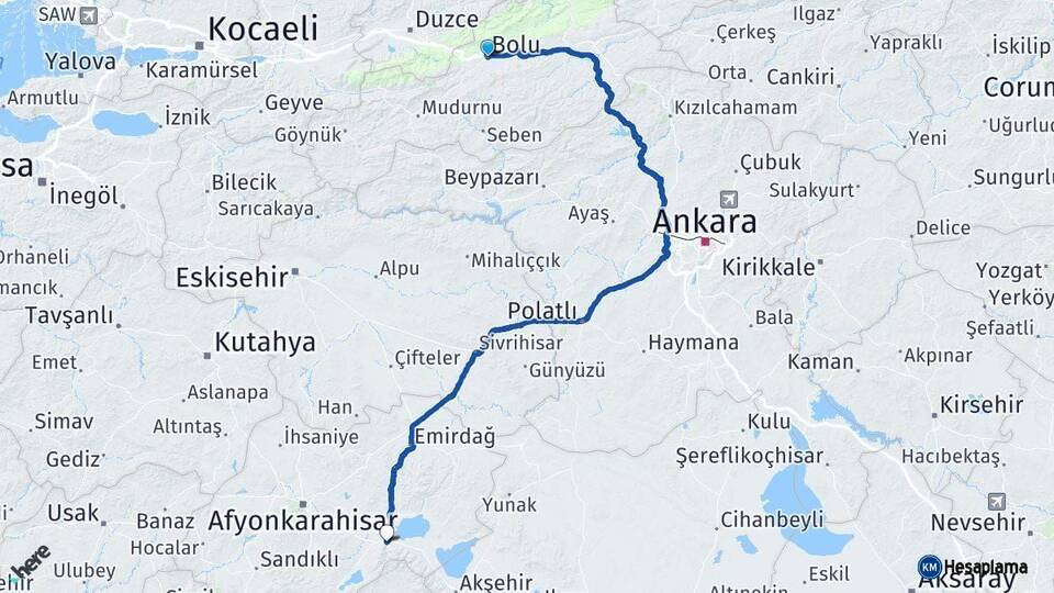 Bolu Çay Afyonkarahisar Arası Kaç Km - Yol Haritası